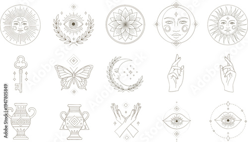 Mystical boho spiritual symbols collection with sun moon eye butterfly hands vases and sacred geometric decorative vector set