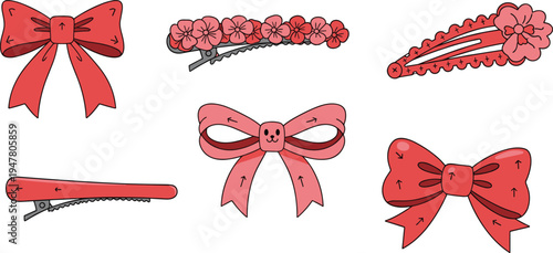 Hair Clip and Bow Accessory Illustration Set Featuring Red Bows, Flower Clips, and Hairpins for Fashion, Accessories, and Beauty Designs