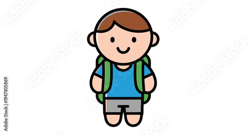 Cartoon boy with green backpack smiling.