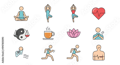 Yoga poses and meditation icons set.