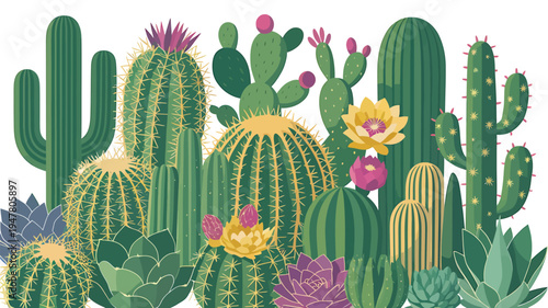 Vibrant Collection of Desert Cacti and Succulents in Various Shapes and Sizes.