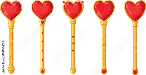 Set of magic wand icons featuring red heart gems and golden handles in colorful cartoon style for fantasy and fairytale design.