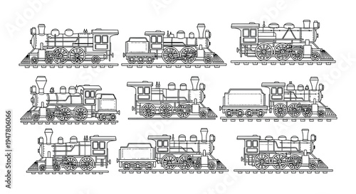 Detailed line art illustration of various vintage steam locomotives