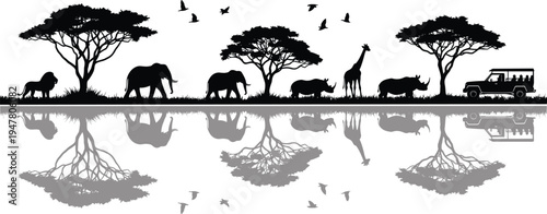 African safari wildlife silhouette landscape with elephants, giraffe, rhino, lion, trees and jeep reflected in water scenic nature illustration