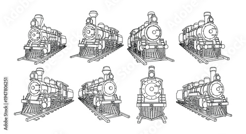 Detailed line art illustration of various vintage steam locomotives