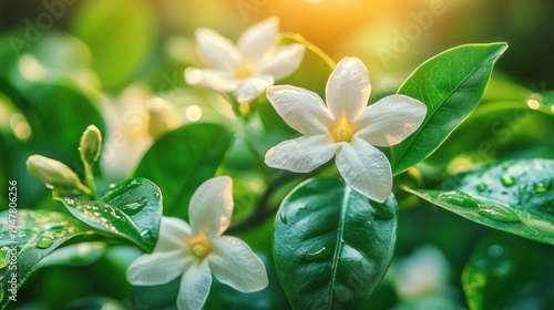 Wallpaper Mural Sunlit white jasmine blooms and buds with glossy dew-kissed green leaves against a soft bokeh background, conveying serene morning freshness Torontodigital.ca