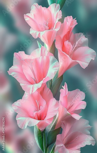 Wallpaper Mural pink gladiolus stalk with layered ruffled blossoms and green buds against a soft teal blurred background, delicate serene romantic mood Torontodigital.ca