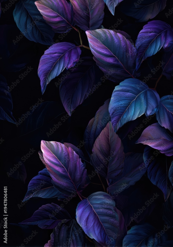 Fototapeta premium Vibrant Purple and Blue Leaves on Dark Background, Lush Botanical Illustration.