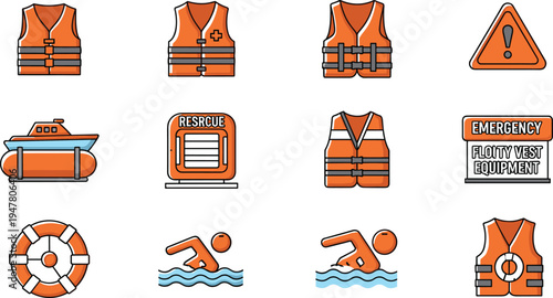 Life Safety Equipment Set with Orange Life Vests, Rescue Boat, Swimming Icons, and Emergency Signs for Water Sports, Safety, and Rescue Operations