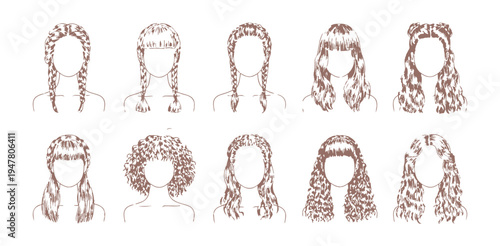 Woman hairstyle set hand drawn line art vector illustration collection for beauty and fashion