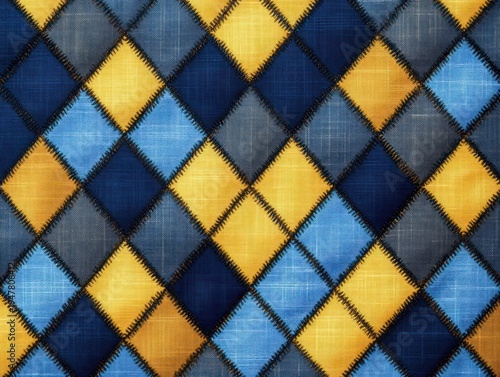 Wallpaper Mural Hand-stitched diamond patchwork textile in navy, blue, light blue and golden yellow with crosshatched fabric texture and black zigzag seams, cozy handmade feel Torontodigital.ca