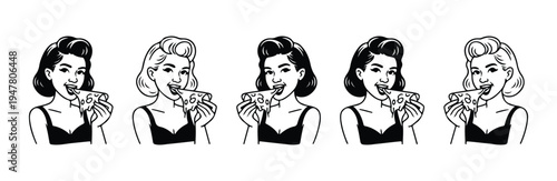 Retro pin up woman eating slice of pizza vector illustration happy enjoyment