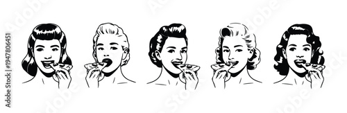Retro pinup girl eating pizza vector collection of vintage female characters for food service