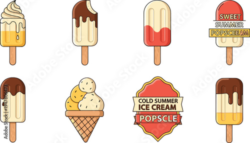 Ice Cream and Popsicle Illustration Set Featuring Cone, Chocolate Dipped, and Summer Flavor Designs for Dessert, Food, and Summer Designs