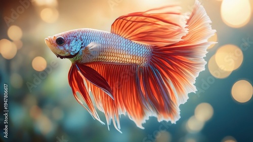 Wallpaper Mural vibrant blue and orange betta fish with flowing fins swimming gracefully against a soft bokeh background, calm and elegant Torontodigital.ca