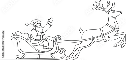 Santa Claus riding sleigh with reindeer line art illustration for Christmas holiday design, festive winter vector outline graphic