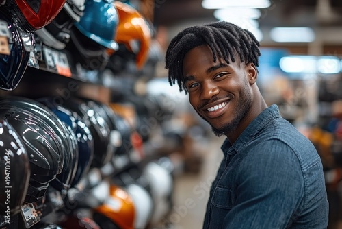 Wallpaper Mural man in denim shirt browsing colorful motorcycle helmets on store shelf, thoughtful shopping moment Torontodigital.ca