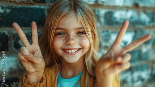 Wallpaper Mural young child with long blonde hair wearing a yellow jacket and turquoise shirt in front of a brick wall showing two peace signs, playful and cheerful mood Torontodigital.ca