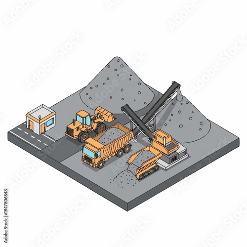 Isometric illustration of a quarry with heavy machinery and piles of gravel.