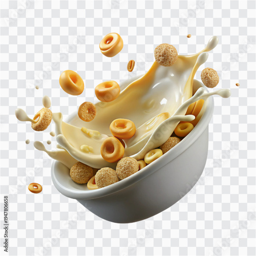 3D Cereal Splash | Flying Pieces with Milk, Breakfast Icon