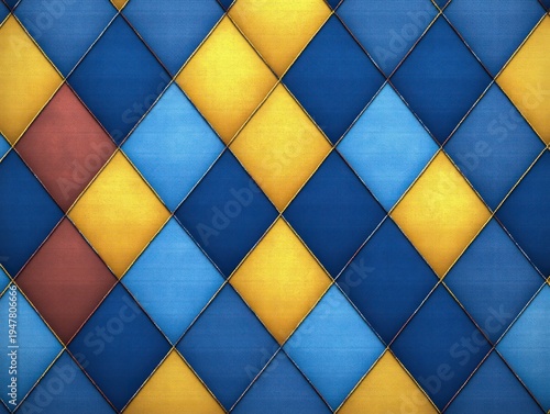 Wallpaper Mural textured stitched diamond pattern of blue, light blue, yellow and rust tiles with gold seams, vibrant geometric quilt-like surface, energetic and warm Torontodigital.ca
