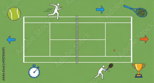 Tennis Court Illustration with Players, Ball, Racket, and Trophy.