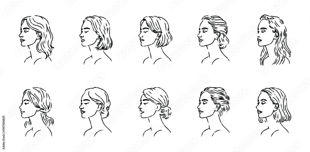 Fototapeta premium Collection of female profiles with varied hairstyles in simple line art