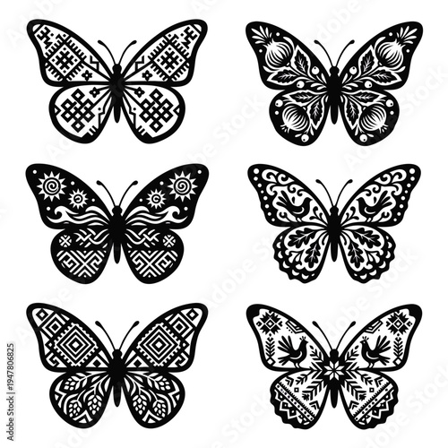 Set of Ornamental Butterfly Silhouettes with Folk Art and Ethnic Patterns, Geometric Embroidery Style Vector Illustrations for Laser Cutting, Vinyl Decals, and Branding