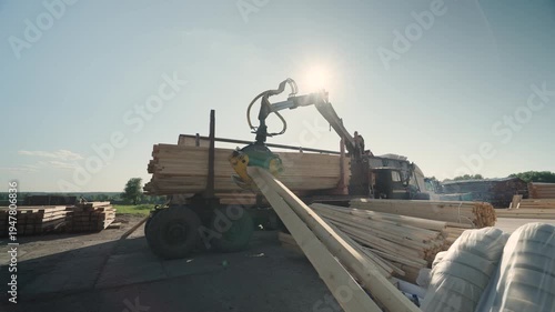 The process of loading wooden logs onto special equipment in the summer