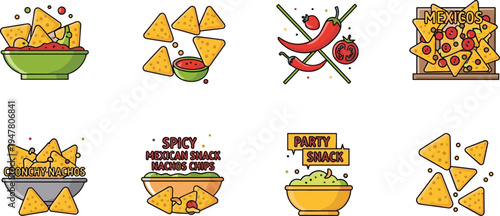 Mexican Nachos Snack Collection with Tortilla Chips, Salsa Dip, Spicy Pepper and Party Nachos Food Vector Illustration