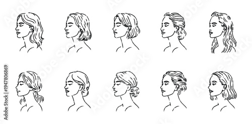 Collection of female profiles with varied hairstyles in simple line art