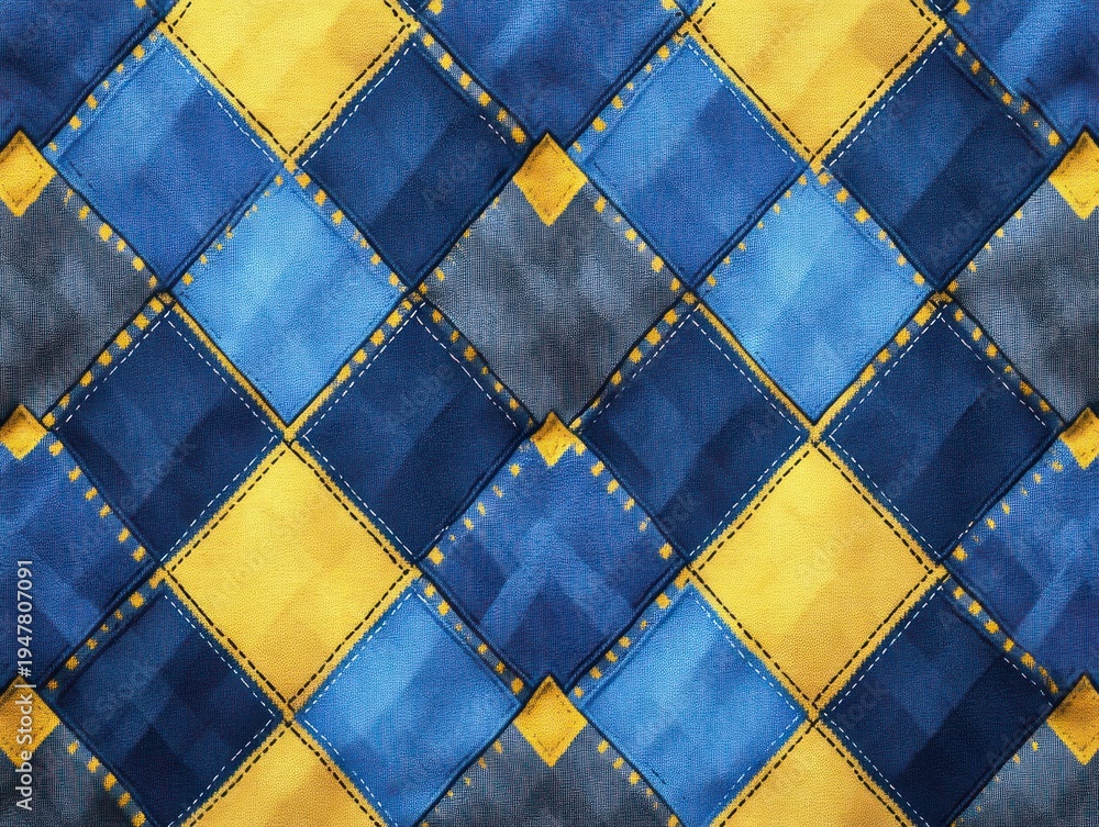 Fototapeta premium stitched diamond patchwork pattern in blue and yellow fabric with textured quilting and dashed seams, geometric argyle-like repeating design conveying cheerful vibrant energy