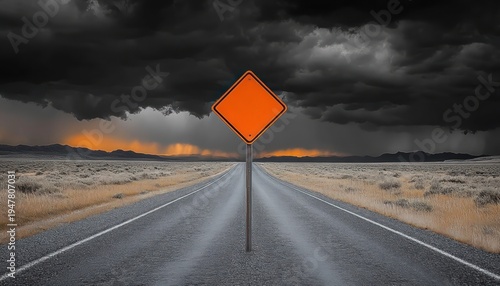 Wallpaper Mural Solitary orange diamond road sign on an empty straight asphalt road through dry plains toward distant mountains under dark storm clouds and an ominous orange-lit horizon Torontodigital.ca