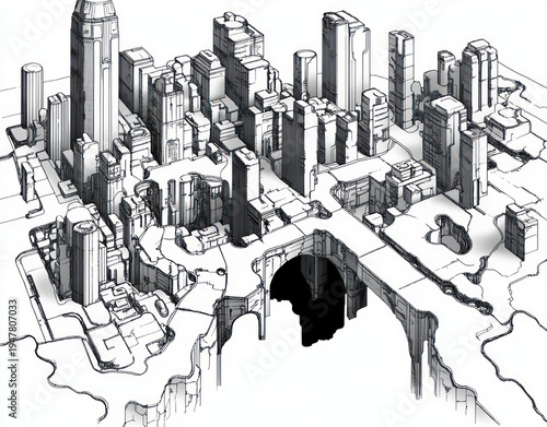 Wallpaper Mural Monochrome urban cityscape of dense skyscrapers, elevated plazas and arched bridges spanning a deep black chasm, empty streets, stark shadows and eerie futuristic isolation Torontodigital.ca