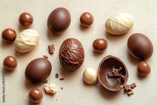 Wallpaper Mural assorted milk, dark and white chocolate eggs and round truffles with a cracked half egg and chocolate shards on a beige surface, indulgent and tempting Torontodigital.ca