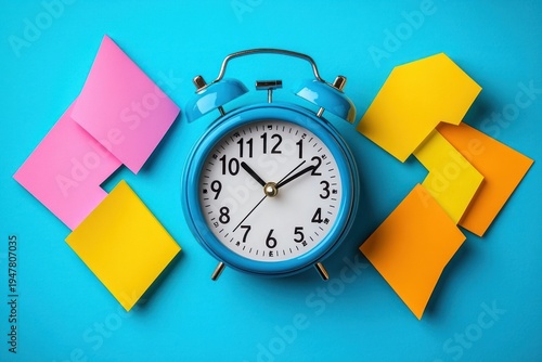 Wallpaper Mural bright blue twin-bell alarm clock on cyan background surrounded by pink, yellow and orange sticky notes conveying cheerful urgency and time management Torontodigital.ca