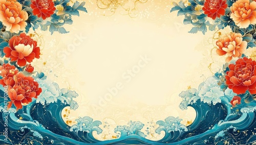 Wallpaper Mural ornate floral and ocean wave frame with red and orange peonies teal leaves gold accents and a calm beige central space evoking serene celebratory mood Torontodigital.ca