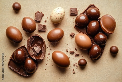 Wallpaper Mural assortment of glossy milk, dark, and speckled white chocolate eggs, whole and halved shells with scattered chocolate pieces and crumbs on a textured beige surface, indulgent and tempting Torontodigital.ca