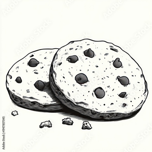 Wallpaper Mural Black and white hand-drawn sketch of two chocolate chip cookies with scattered crumbs and soft shadow, evoking warm cozy comfort Torontodigital.ca