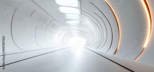 Wallpaper Mural minimal white curved tunnel interior with skylights, glowing orange edge lights and bright vanishing point, serene futuristic atmosphere Torontodigital.ca