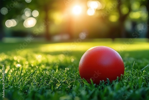 Wallpaper Mural single red ball resting on green grass with warm golden sunlight, blurred trees and bokeh in the background evoking a peaceful nostalgic outdoor moment Torontodigital.ca