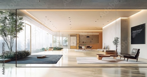 Wallpaper Mural Spacious modern open-plan lounge and dining area with floor-to-ceiling glass, city skyline view, indoor trees and plants, minimalist furniture, warm lighting and serene inviting atmosphere Torontodigital.ca