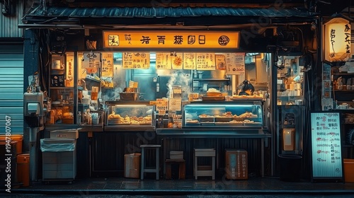 Wallpaper Mural cozy night street food stall with steaming display cases, fried snacks, glowing lanterns, stools and a chef preparing food on a rainy urban pavement Torontodigital.ca