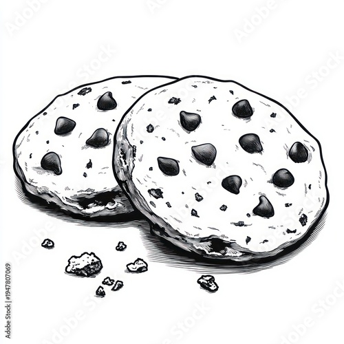 Wallpaper Mural two chocolate chip cookies with scattered crumbs, hand-drawn black and white sketch evoking warm, comforting nostalgia Torontodigital.ca