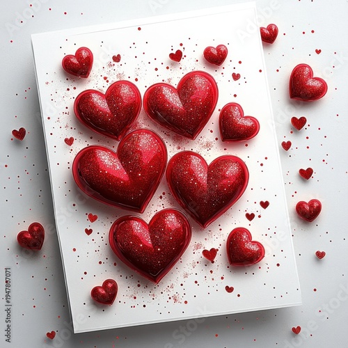 Wallpaper Mural cluster of glossy red glitter hearts on white paper with scattered small hearts and red speckles, playful romantic and joyful mood Torontodigital.ca