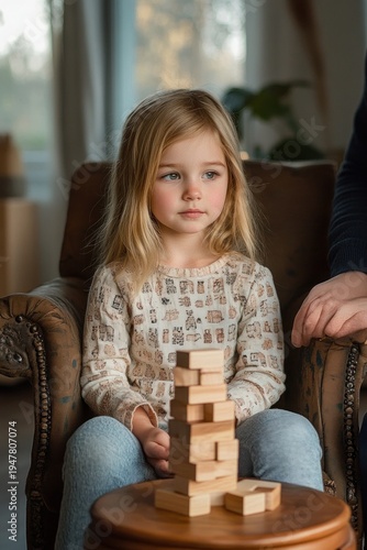 Wallpaper Mural young girl with long blonde hair sitting in an armchair playing with a wooden block tower on a small round table, adult hand nearby in a calm focused moment Torontodigital.ca