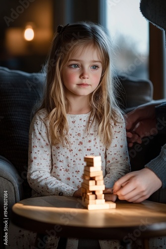 Wallpaper Mural young girl concentrating with anticipation as an adult hand carefully removes a wooden block from a stacking tower on a small table in a cozy living room Torontodigital.ca