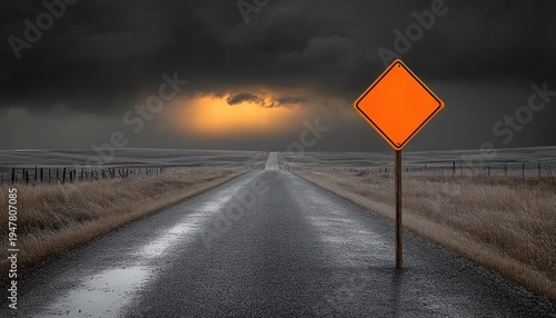 Wallpaper Mural Empty wet country road stretching toward a glowing orange horizon under heavy storm clouds, flanked by dry grass and wire fences, a solitary orange diamond sign evokes ominous solitude Torontodigital.ca