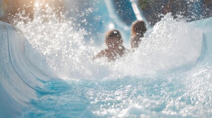 Person riding a water slide in a pool. the water is a bright blue color and the person is in the center of the image, with their arms and legs outstretched as they ride the wave.