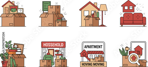 Moving and Household Illustration Set Featuring Boxes, Furniture, and Apartment Designs for Relocation, Home, and Storage Concepts